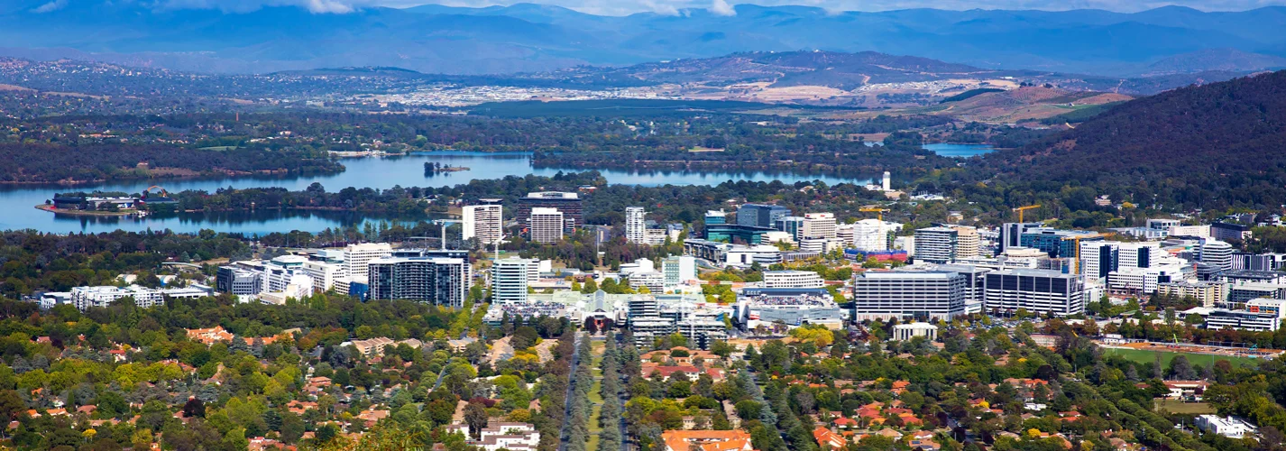 Canberra CBD from Mount Ainsley lookout, with Lake Burley Griffith in the background.
