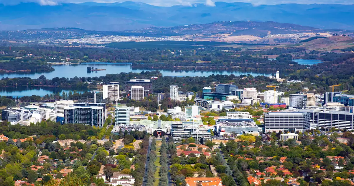 Canberra CBD from Mount Ainsley lookout, with Lake Burley Griffith in the background.